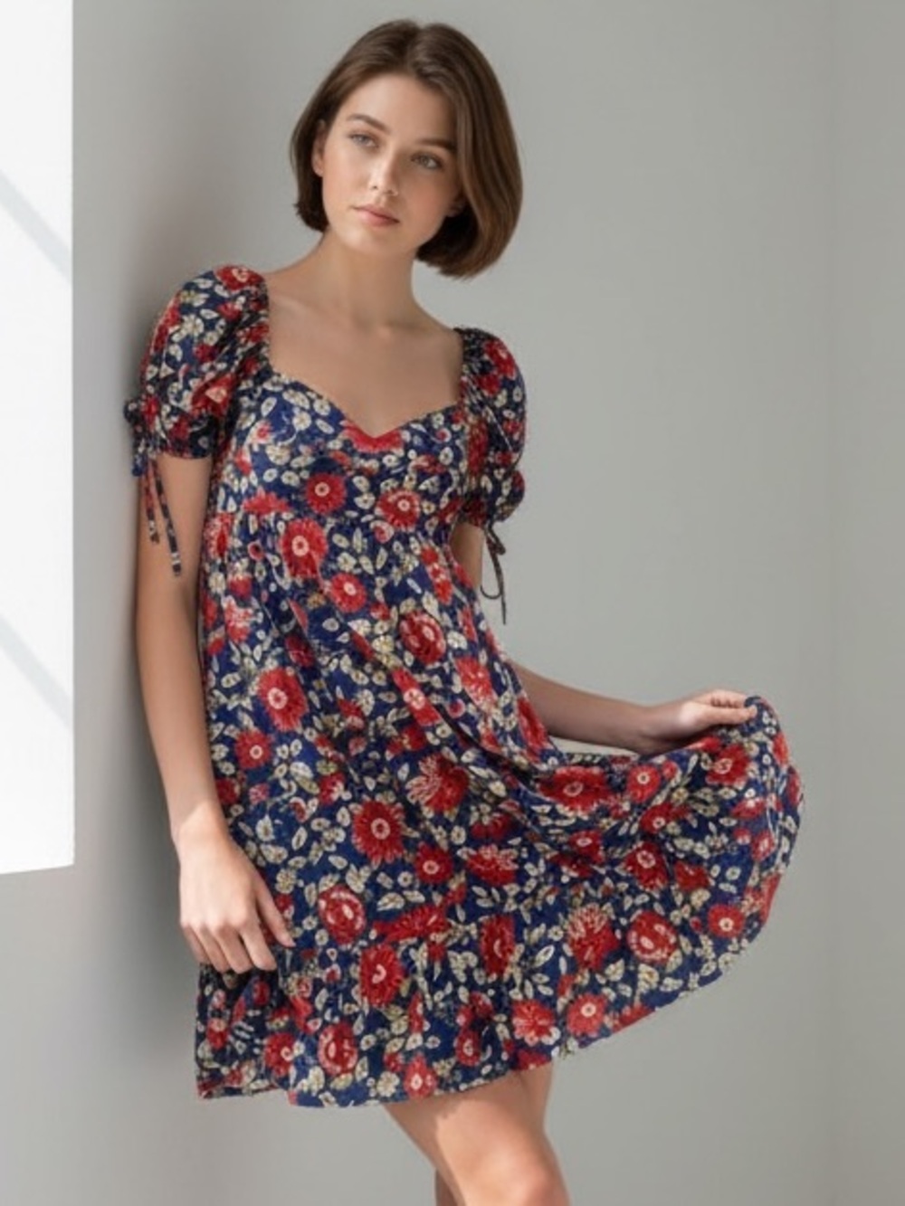 👗 Blu Pepper Royal Blue Red Floral Smocked Puff Sleeve Dress Sz S